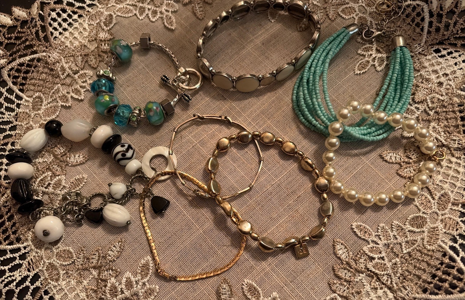 Lot Of 8 Bracelets – Different Styles , Metals Unknown – See Description/Photos
