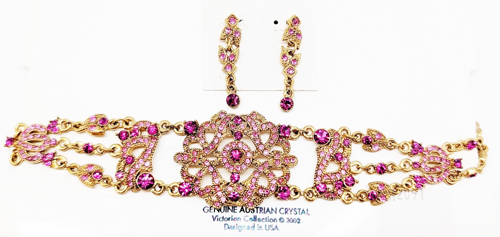 DESIGNER INSPIRED VICTORIAN PINK MULTI CRYSTAL GOLD CHOKER NECKLACE JEWELRY SET