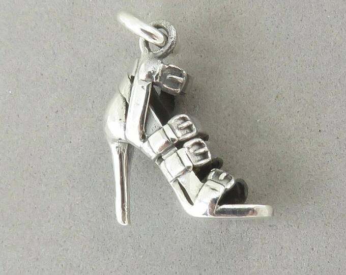 .925 Sterling Silver 3-D HIGH HEEL FOUR BUCKLE SHOE Charm NEW Stiletto 925 DU13