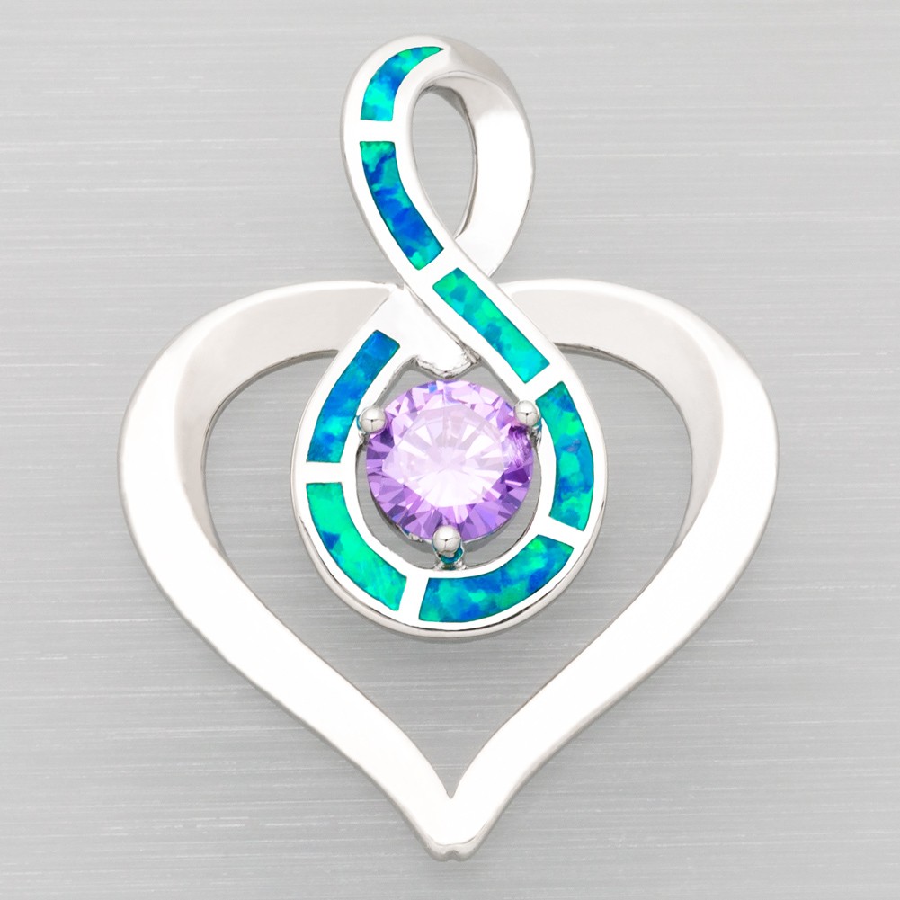 Heart Round Simulated Amethyst Blue Fire Opal Silver Jewelry Necklace Pendant
