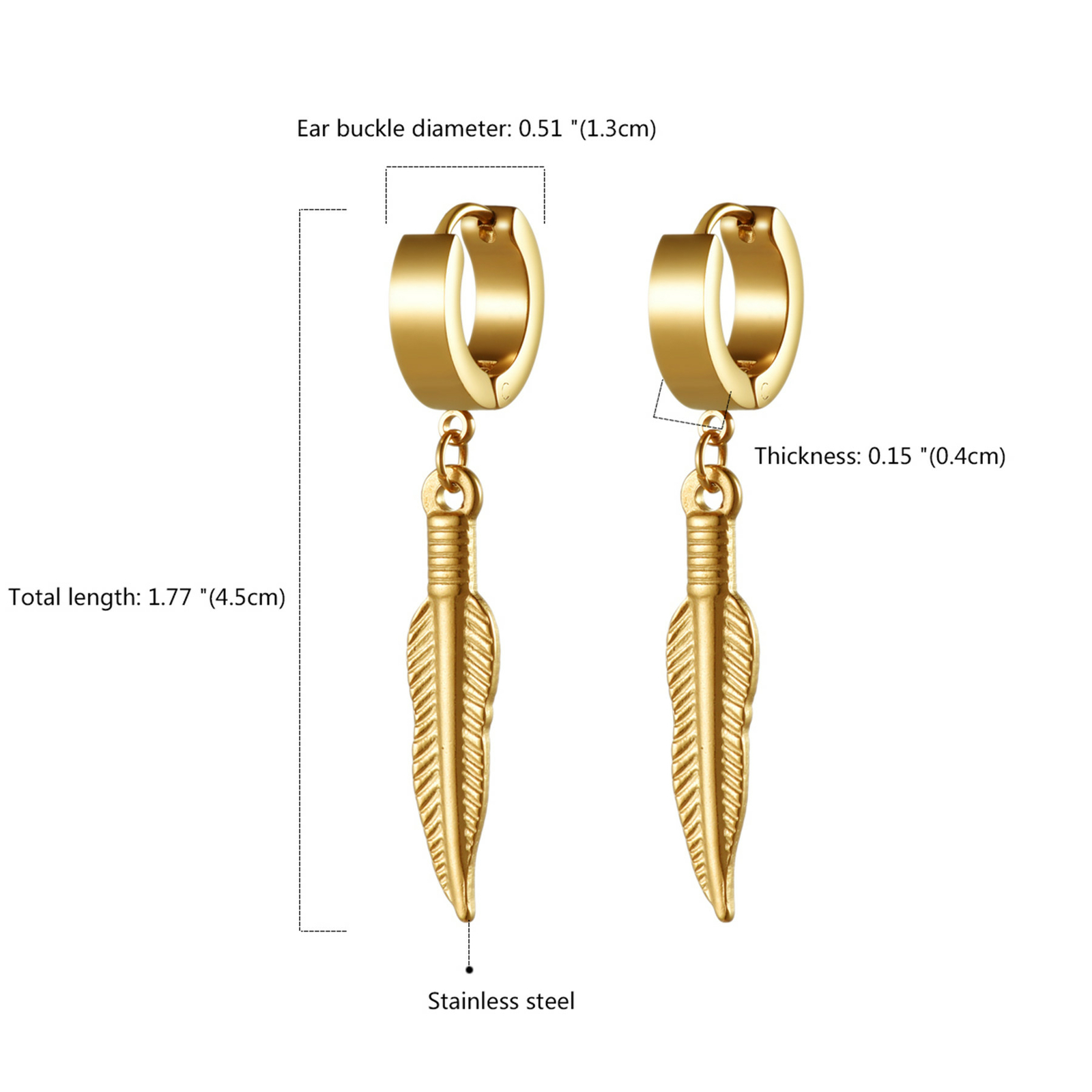 2pcs Drop Dangle Feather Earrings For Men Women Huggie Hinged Stainless Steel