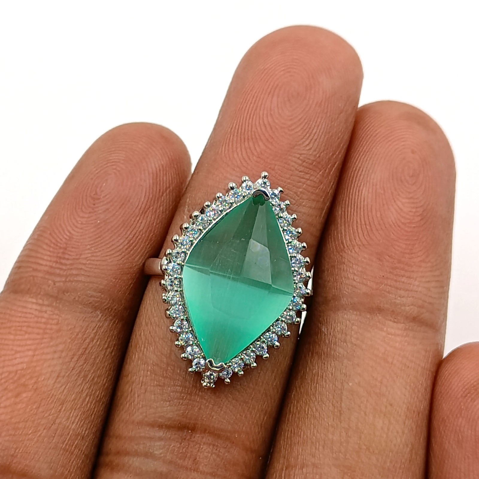 Aqua Chalcedony Marquise Ring Adjustable White Plated Statement CZ Jewelry