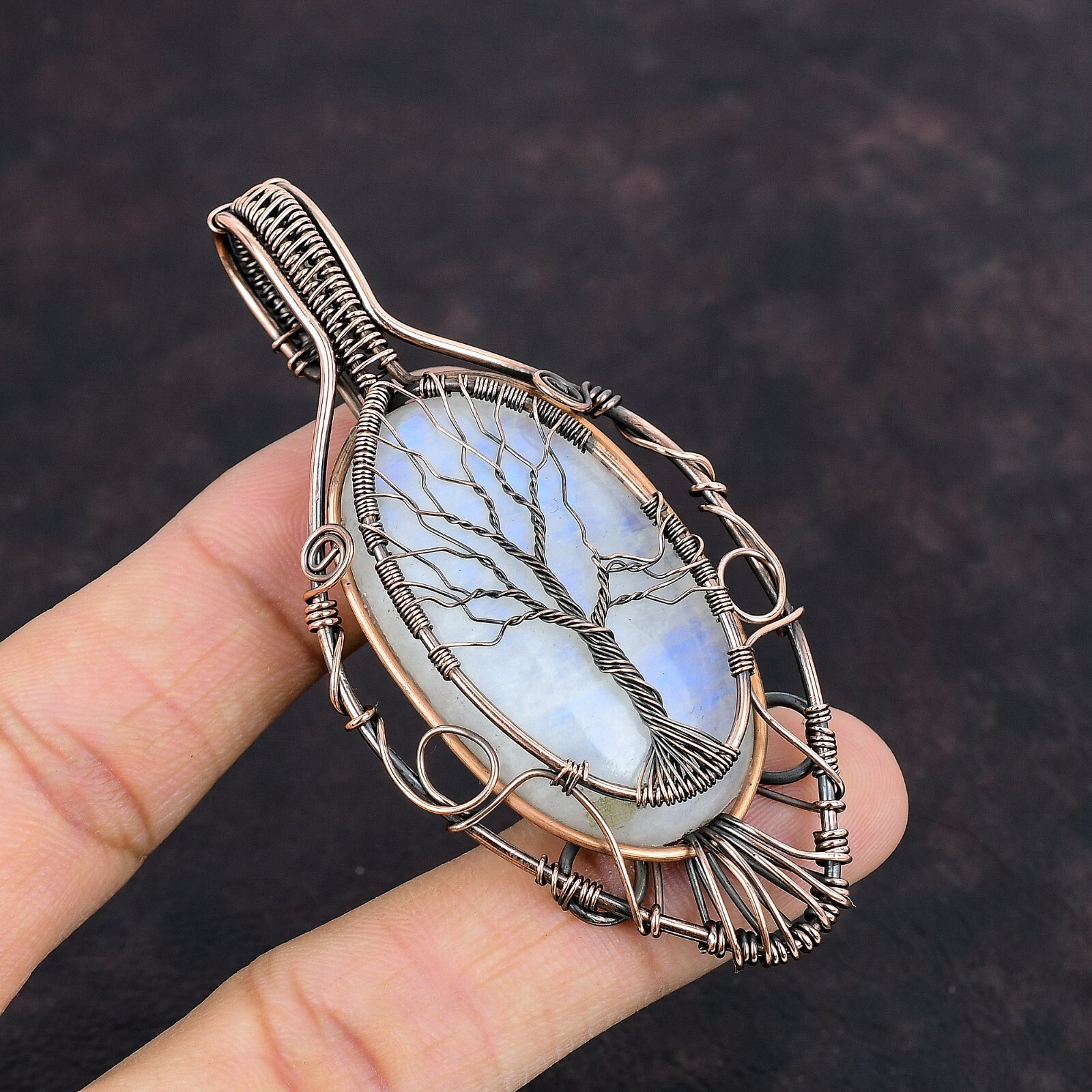 Rainbow Moonstone Copper Valentine Gift Wire Wrapped Tree Of Life Pendant 3.31″