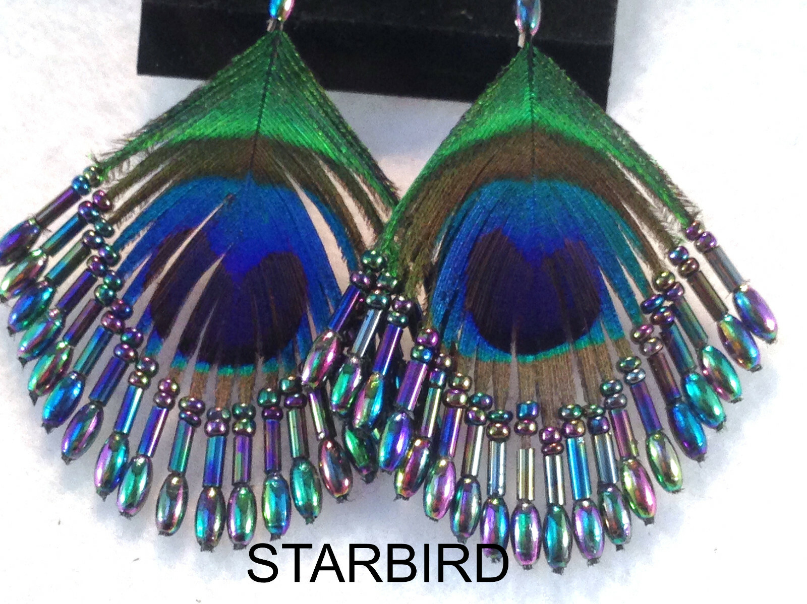 PEACOCK FEATHER BEADED EARRINGS AURORA BOREALIS 80’s VINTAGE