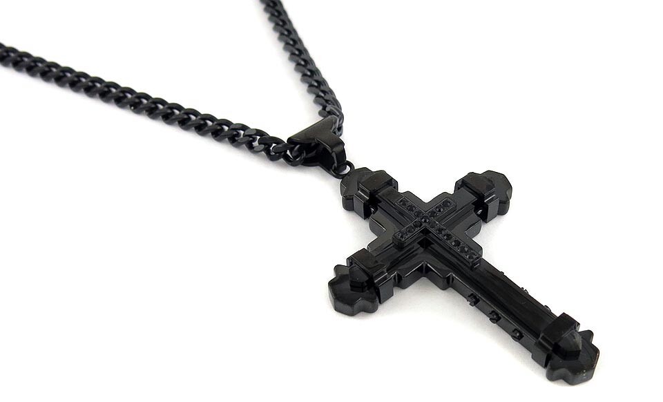 Stainless Steel Black Cz Cross Pendant with Chain Necklace ,24″ Black Curb Chain