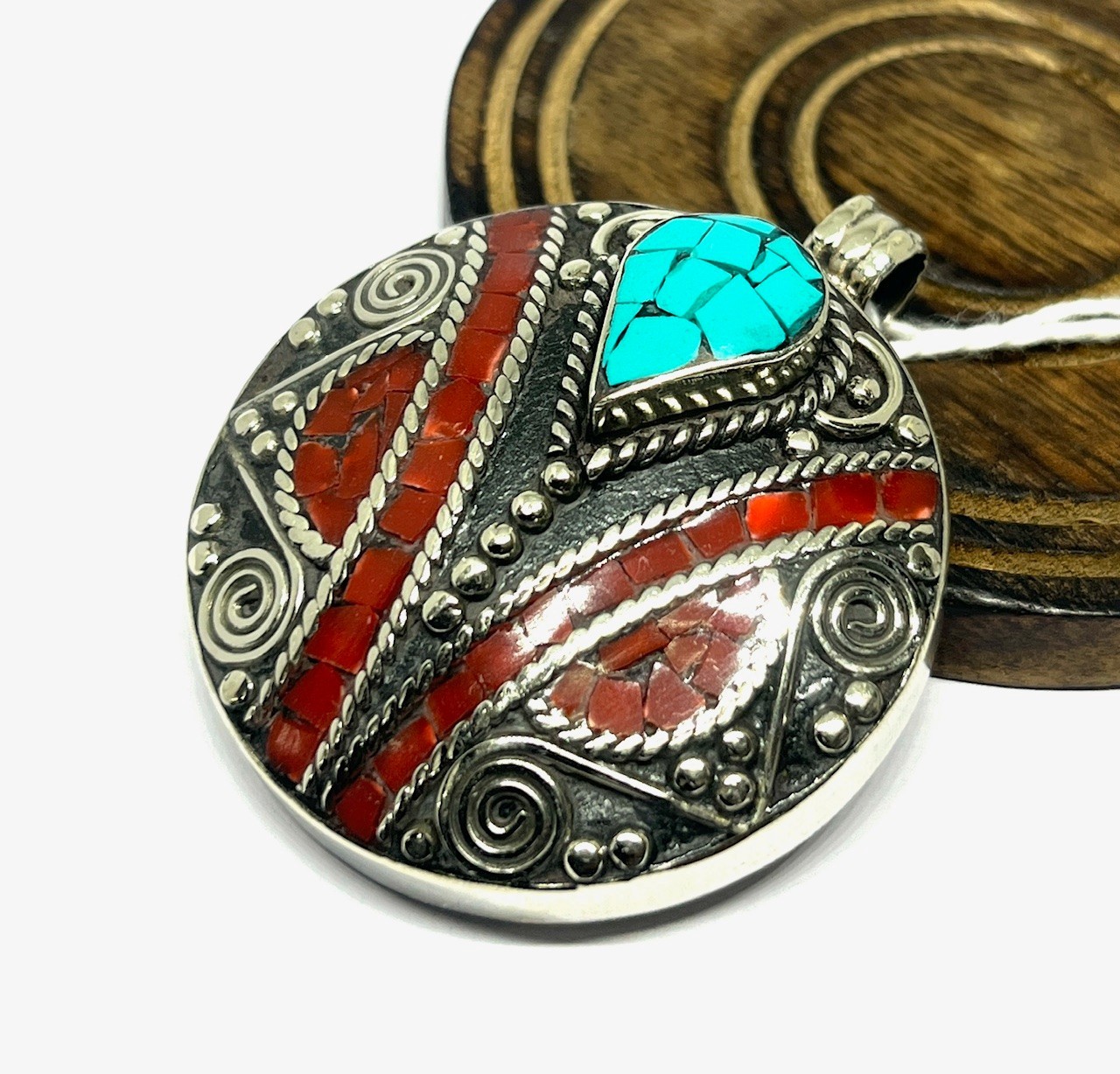 Tibetan Red Coral Turquoise Gemstone Buddhist Prayer Pendant Jewelry, 2.0 inch