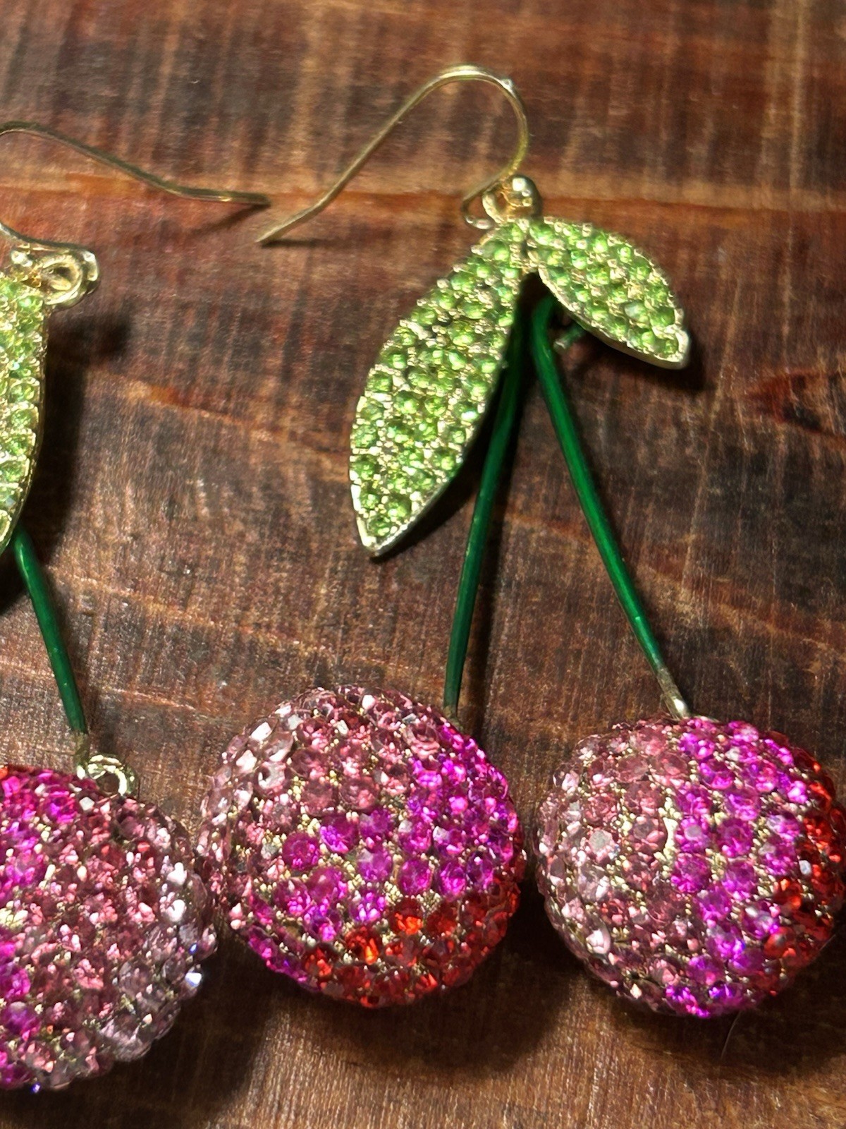 Unsigned Rhinestone Pink Red Ombre Cherry Drop Dangle Earrings Fruit Statement