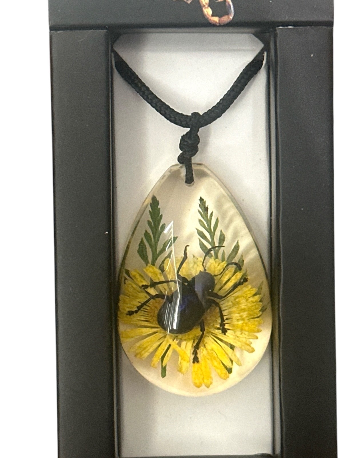 Necklace- Blue Leaf Beetle insect -flower- black Slider cord -pear shape