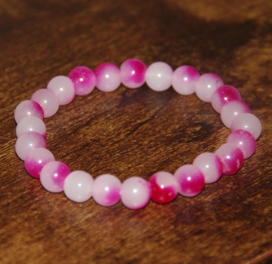 Hot Pink White Splotch Round Glass Bead Stretch Bracelet Fashion Jewelry Boho
