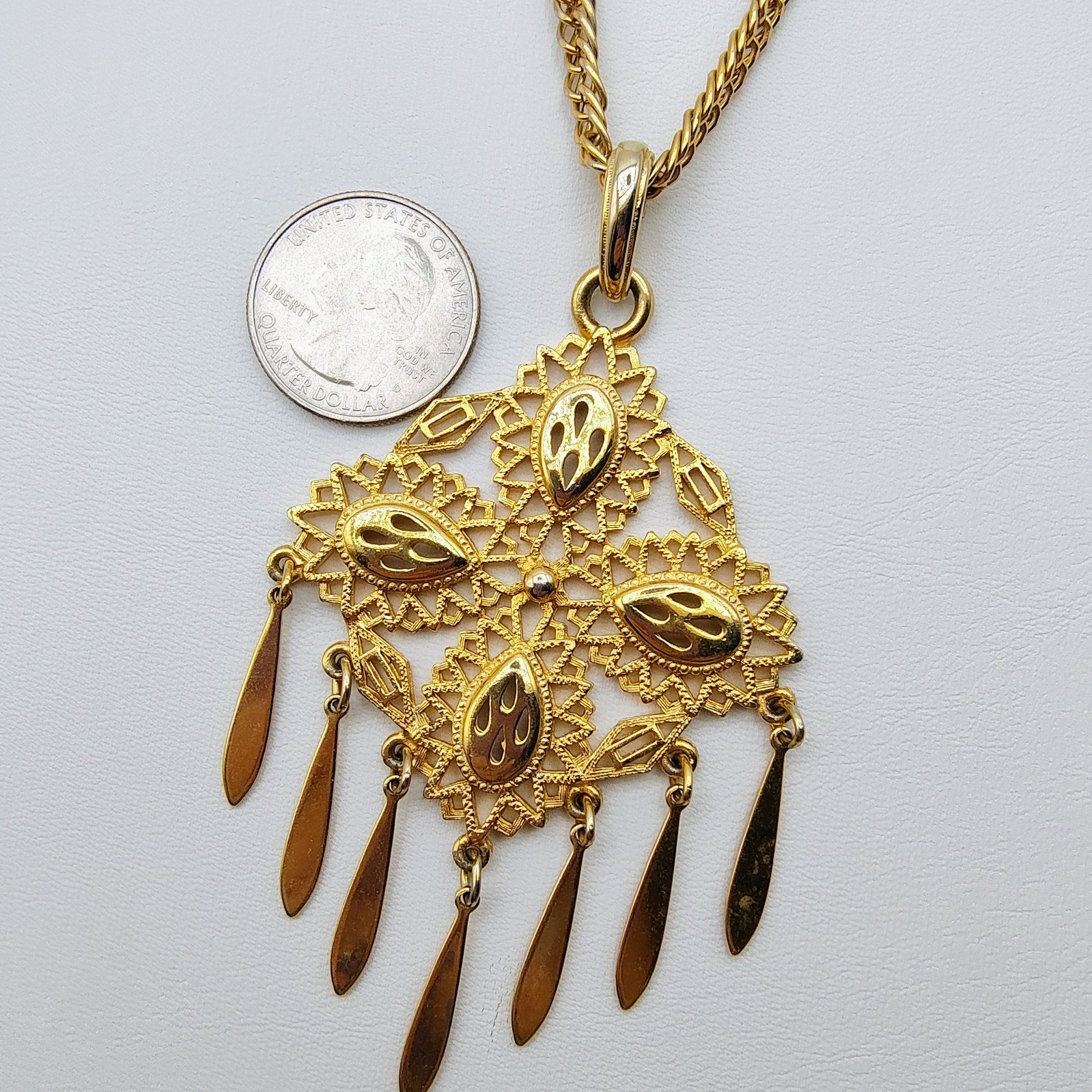 Vintage Filigree Pendant Necklace Gold Tone Victorian Revival Maximalist 70s