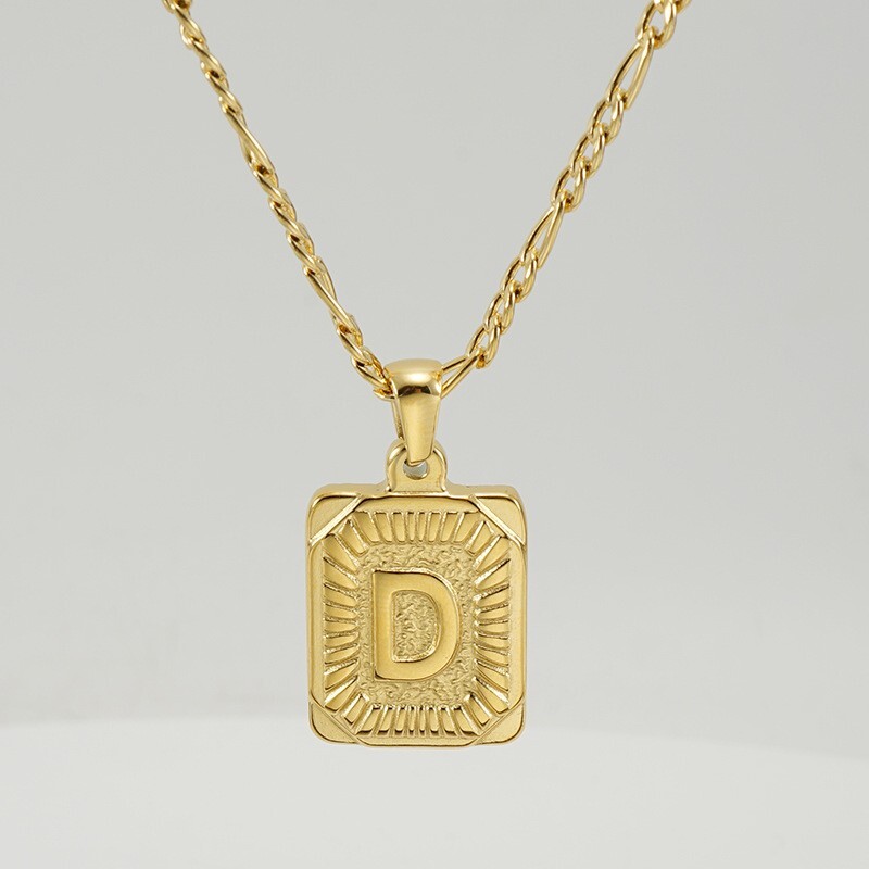 18″ Gold Plated Initial Letter Pendant Necklace Stainless Steel Figaro Chain