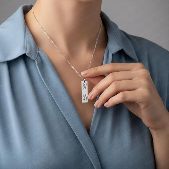 Eye Engraved Bar Pendant Necklace Silver Tone Minimalist Charm Gift Jewelry