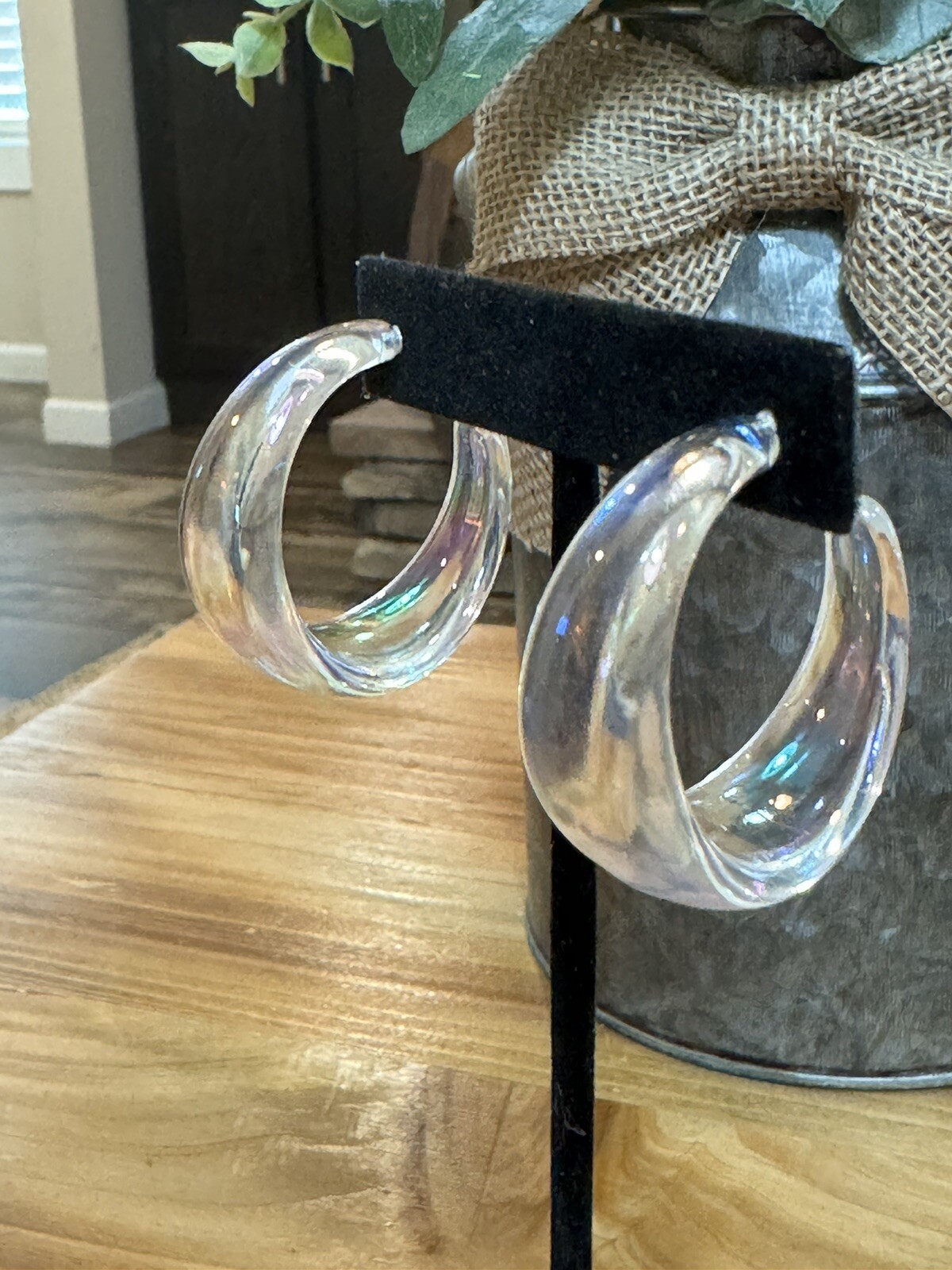 Beautiful Trendy Iridescent Clear C-Shaped Large Acrylic Hoop Earrings BNWTs