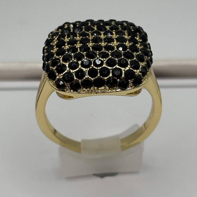 Gold Tone Black Round Crystal Pavé Cushion Dome Cocktail Ring Size 7