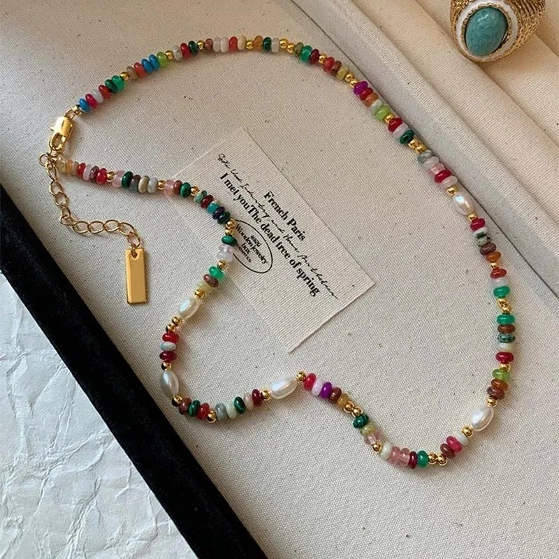 Premium Assorted Gemstone Rainbow Women Necklace Natural Freshwater pearl Choker