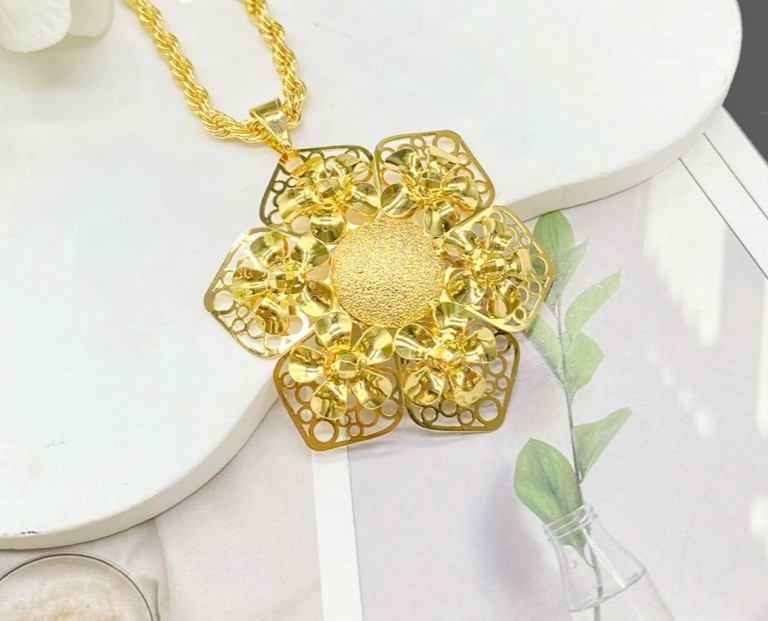 45cm African Dubai 18K Gold Plated Flowers Wedding Earrings Pendant Necklace Set