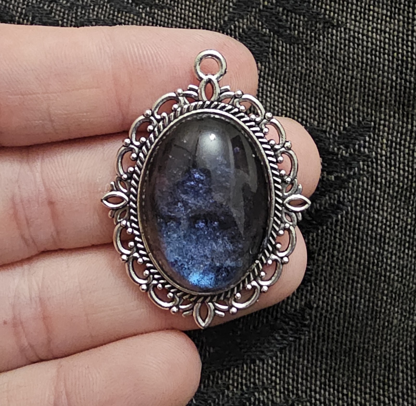 Silver Filigree Oval Resin Pendant Midnight Blue Purple Galaxy Shimmer Handmade
