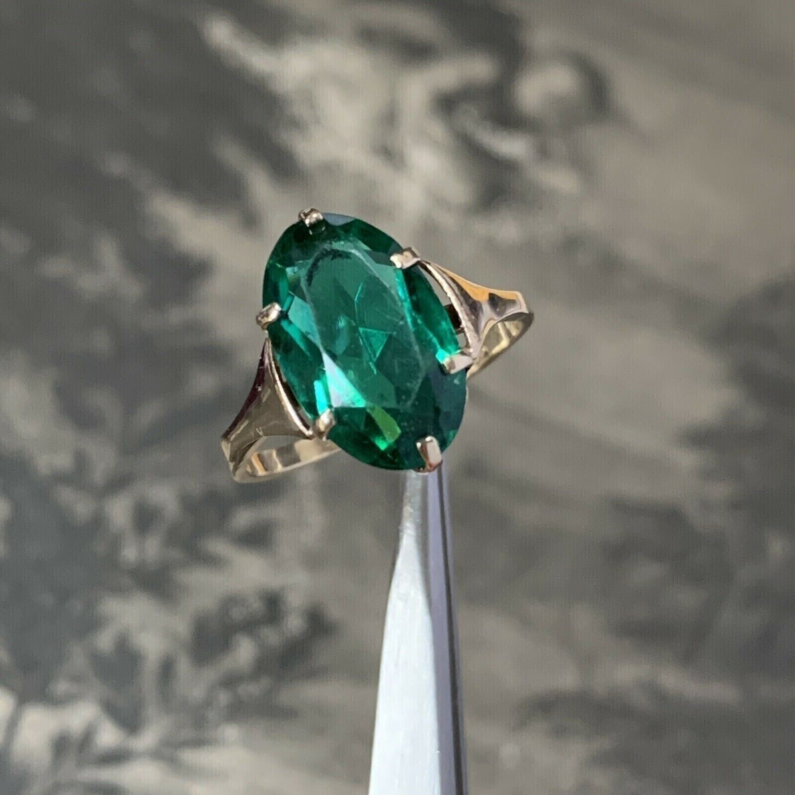 Oval Cut Simulated Green Emerald Unisex Classic Band Ring 14K Yellow Gold Plated