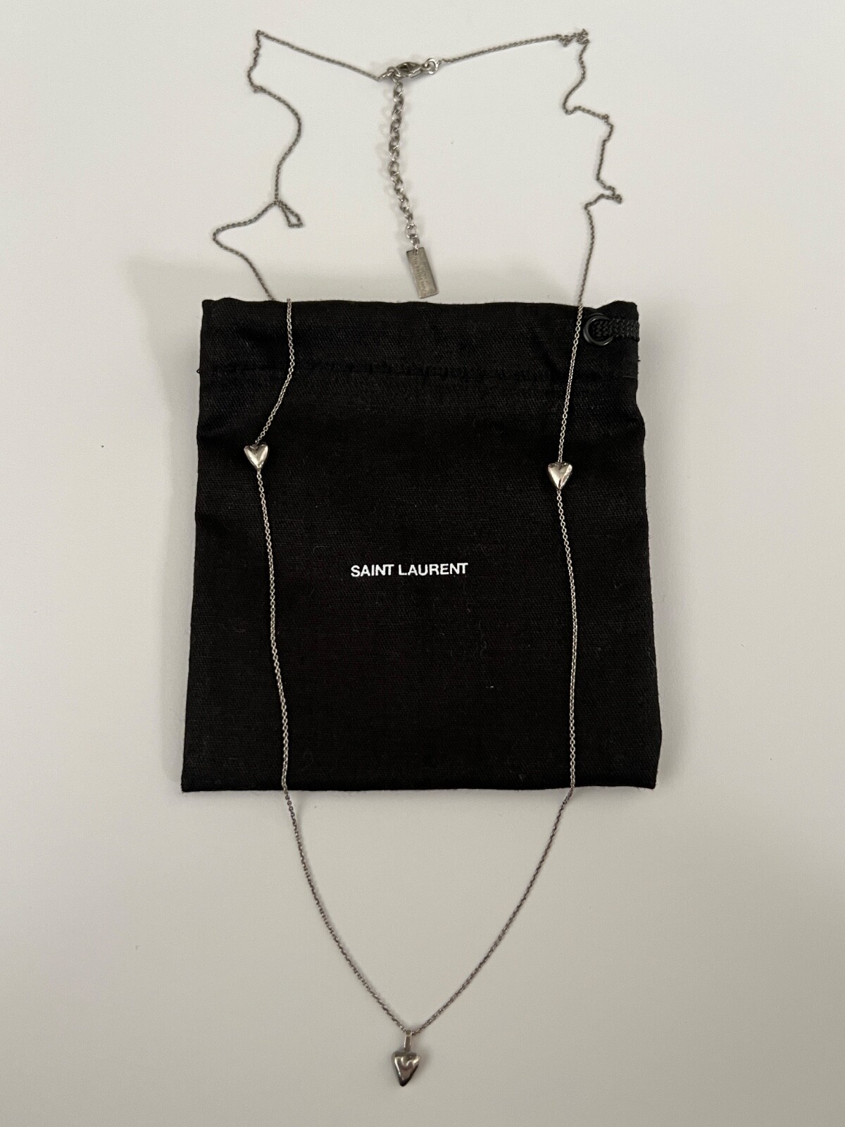 NWT Saint Laurent YSL Triple Heart Charm Silver Long Brass Chain Necklace $695
