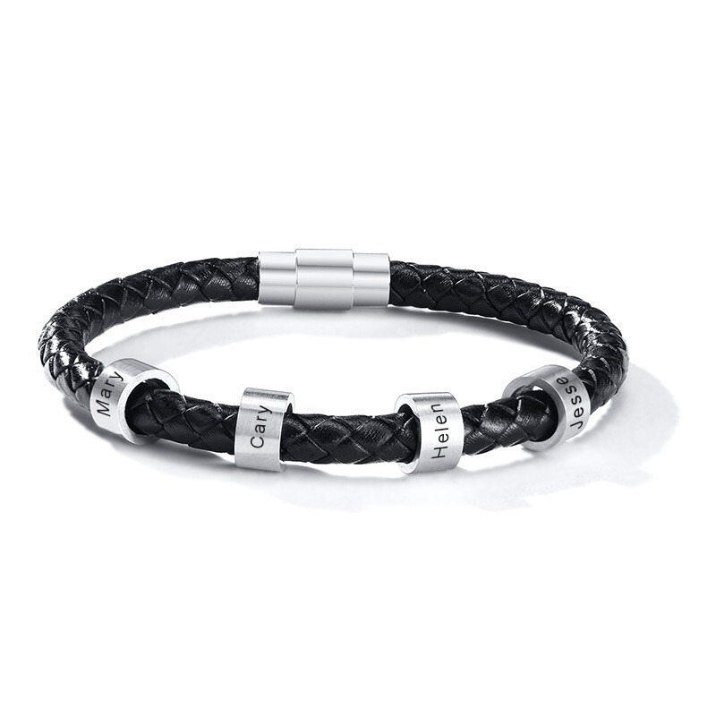 Personalized Black Braided Rope Mens Leather Bracelet Custom Beads Engraved Name
