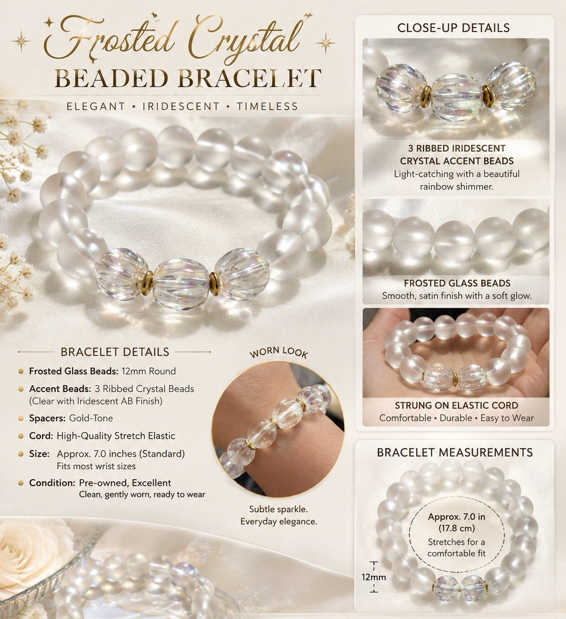 Clear Frosted Glass Beaded Stretch Bracelet Crystal Accents Adjustable 7 in