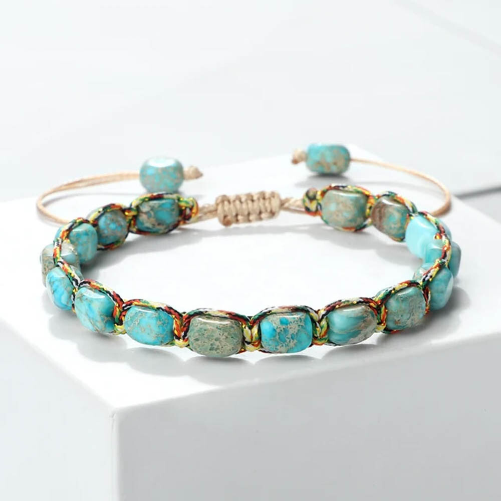 Adjustable Turquoise Bead Bracelet with 7×5.5mm Stones – 17-29cm Woven Design