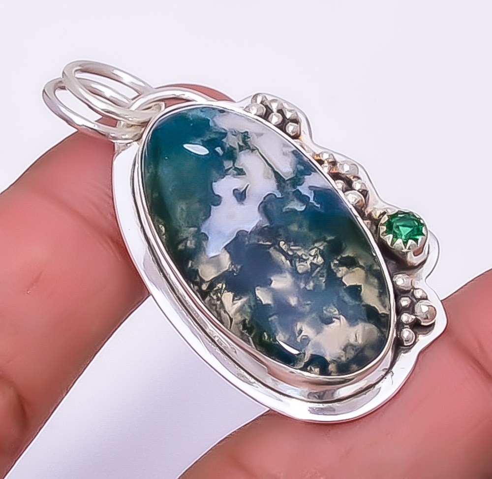 Moss Agate 925 Sterling Silver Handmade Pendant 1.95″ P2122222, Christmas Gift