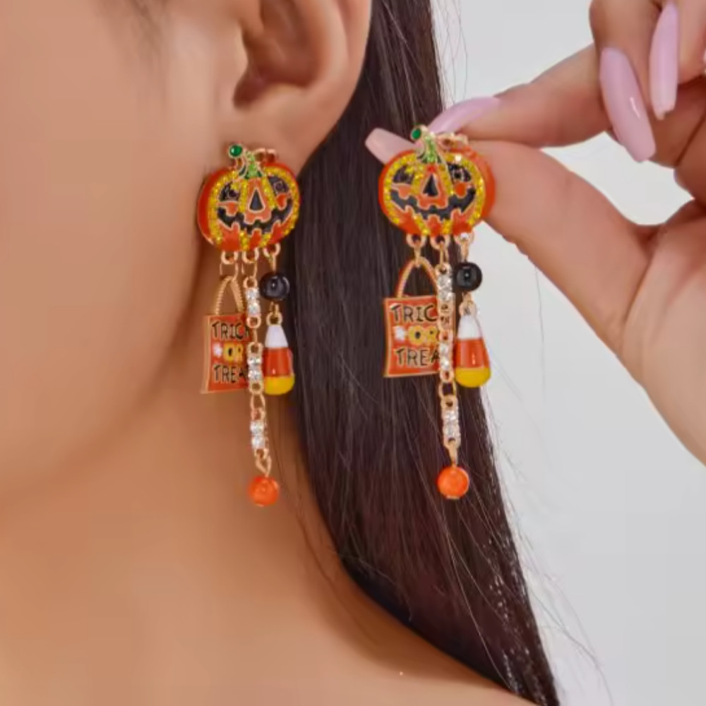 Halloween Pumpkin Earrings – Gothic Witch Costume Drop Dangle Jewelry Gift