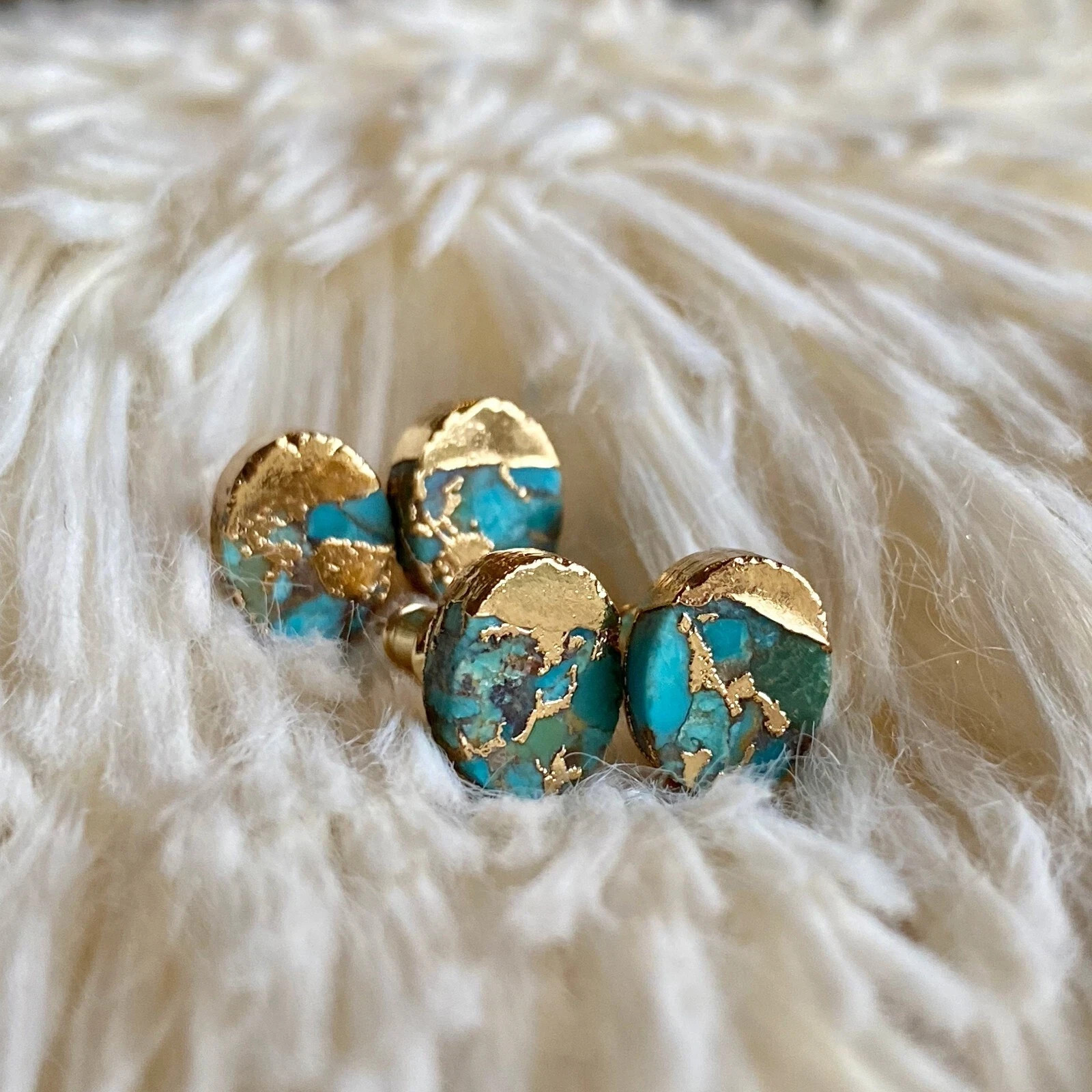 Tiny Blue Turquoise Earrings Gold Plated Dainty Minimalist Studs Small Gemstone