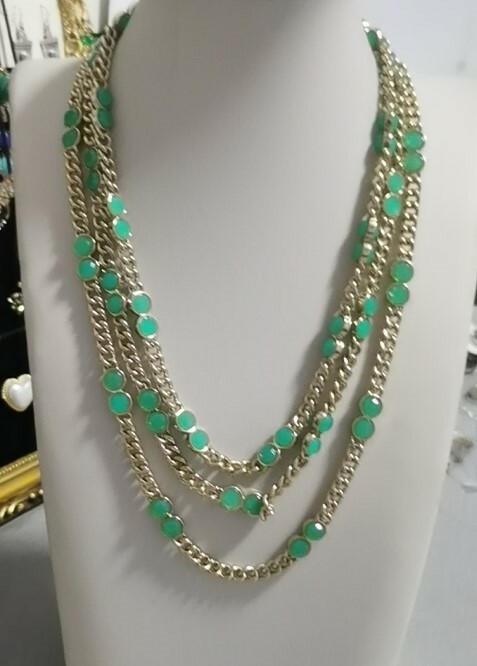 Banana Republic Green Crystal Stone Gold Tone Triple Layered Strand Necklace