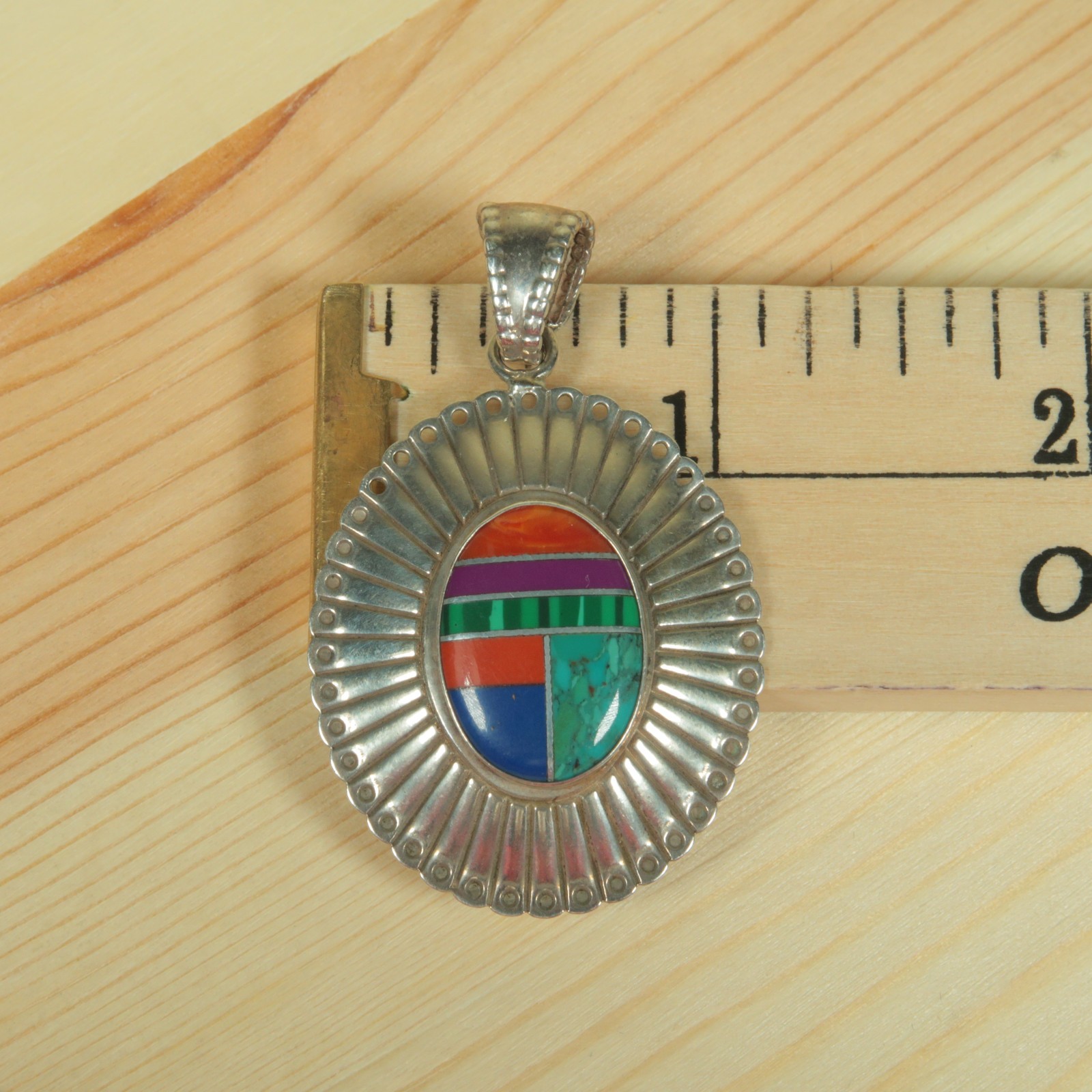 Sterling Silver Turquoise Marcasite Coral Lapis Lazuli Oval Pendant