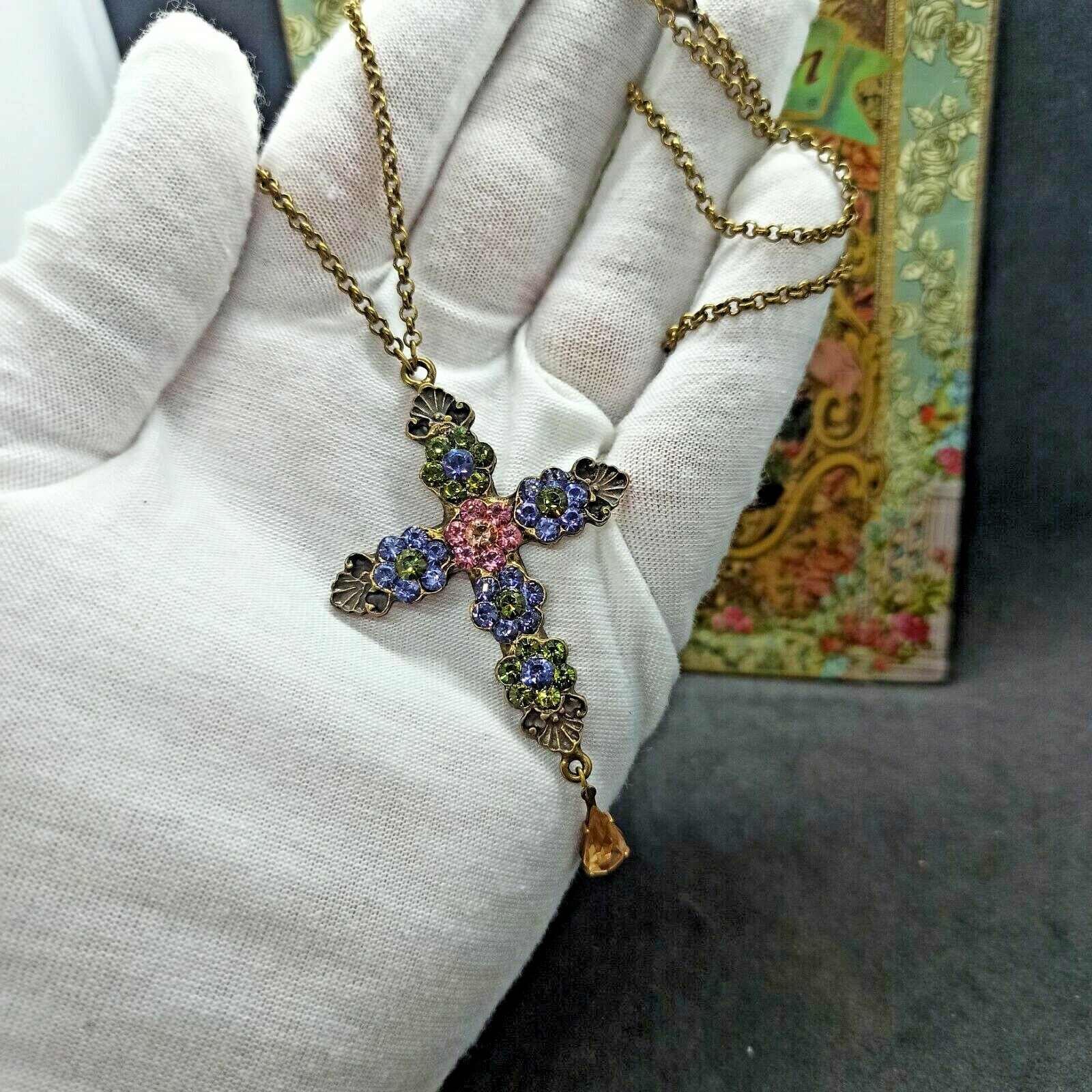 Michal Negrin Cross Necklace Purple Flower Pendant & Swarovski Crystals Gift New