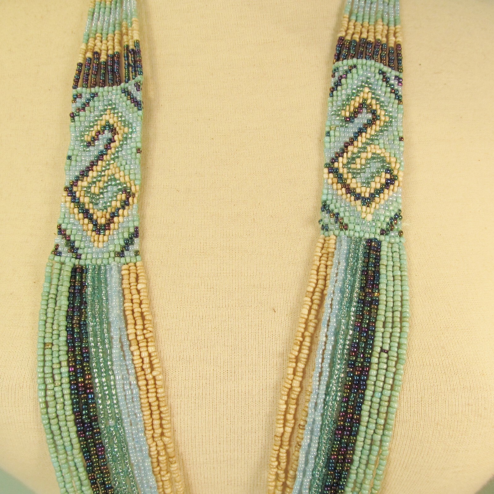 34″ Waterfall Aqua Blue Multi Strand Handmade Seed Bead Statement Necklace