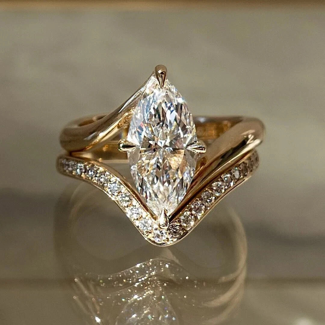 3TCW Marquise Cut Moissanite Bridal Set Engagement Ring 14K Yellow Gold Plated