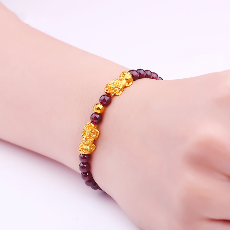 New Pure24K Yellow Gold Bracelet 14*6mm Two 3D Pixiu Link 3mm Lucky Bead& Garnet