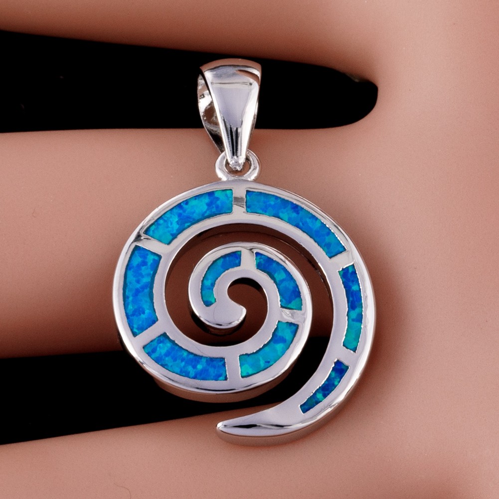 Spiral Shape Ocean Blue Fire Opal Silver Jewelry Necklace Pendant