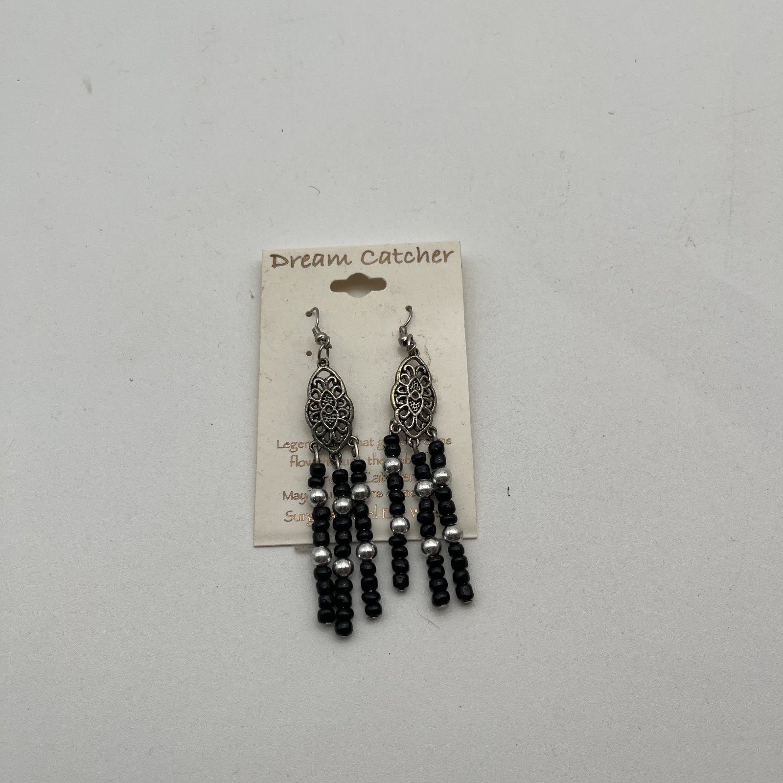 Dream Catcher Silver Tone & Black & Silver Beaded Dangle Earrings
