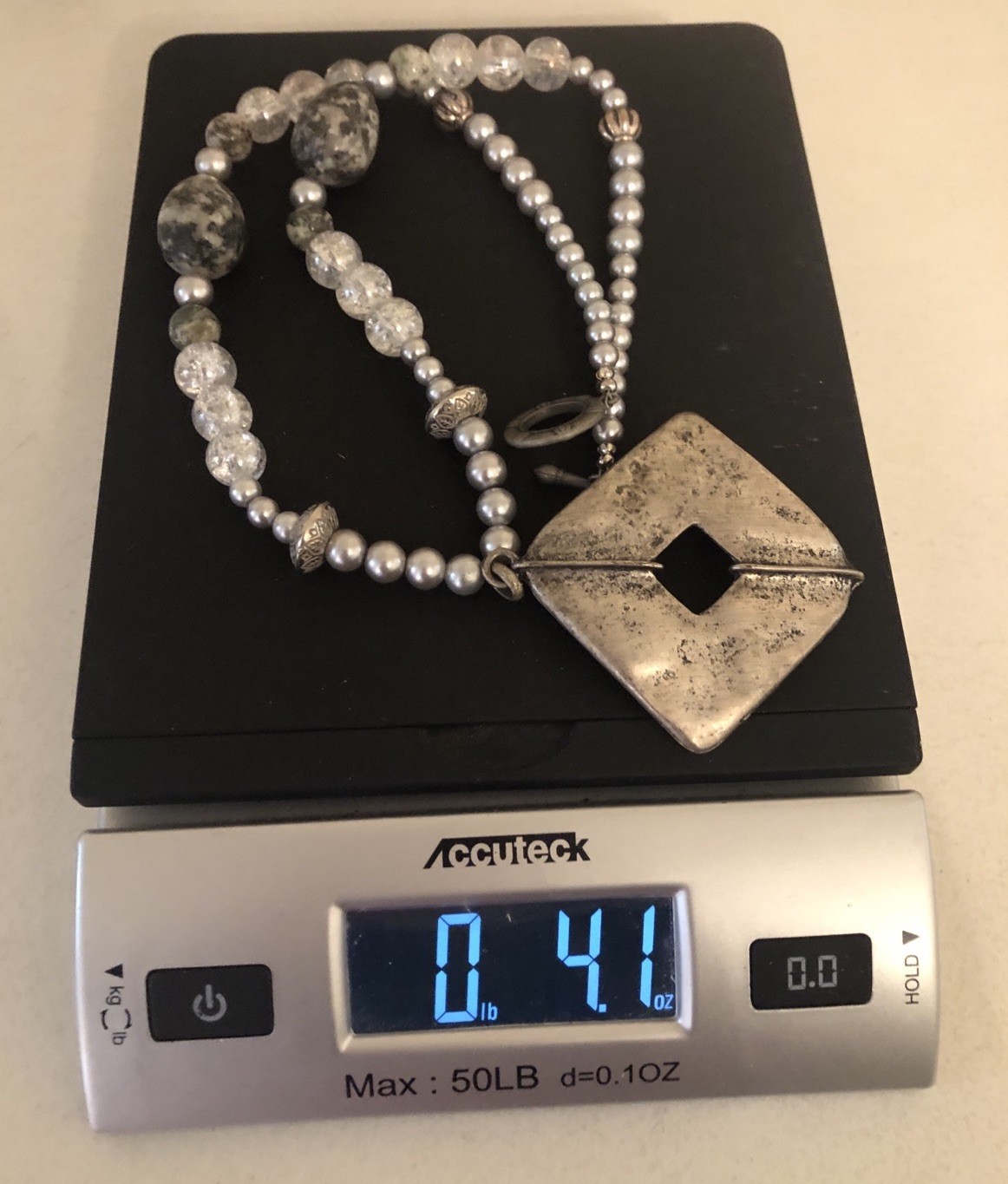 Heavy Mixed Beaded Necklace Rustic Silver Tone Pendant 23.5 In (T1)