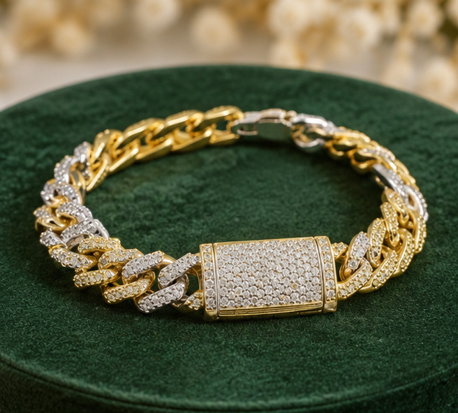 7.0Ct Simulated Diamond Elegant Men’s Cuban Link Bracelet 14K 2-Tone Gold Plated
