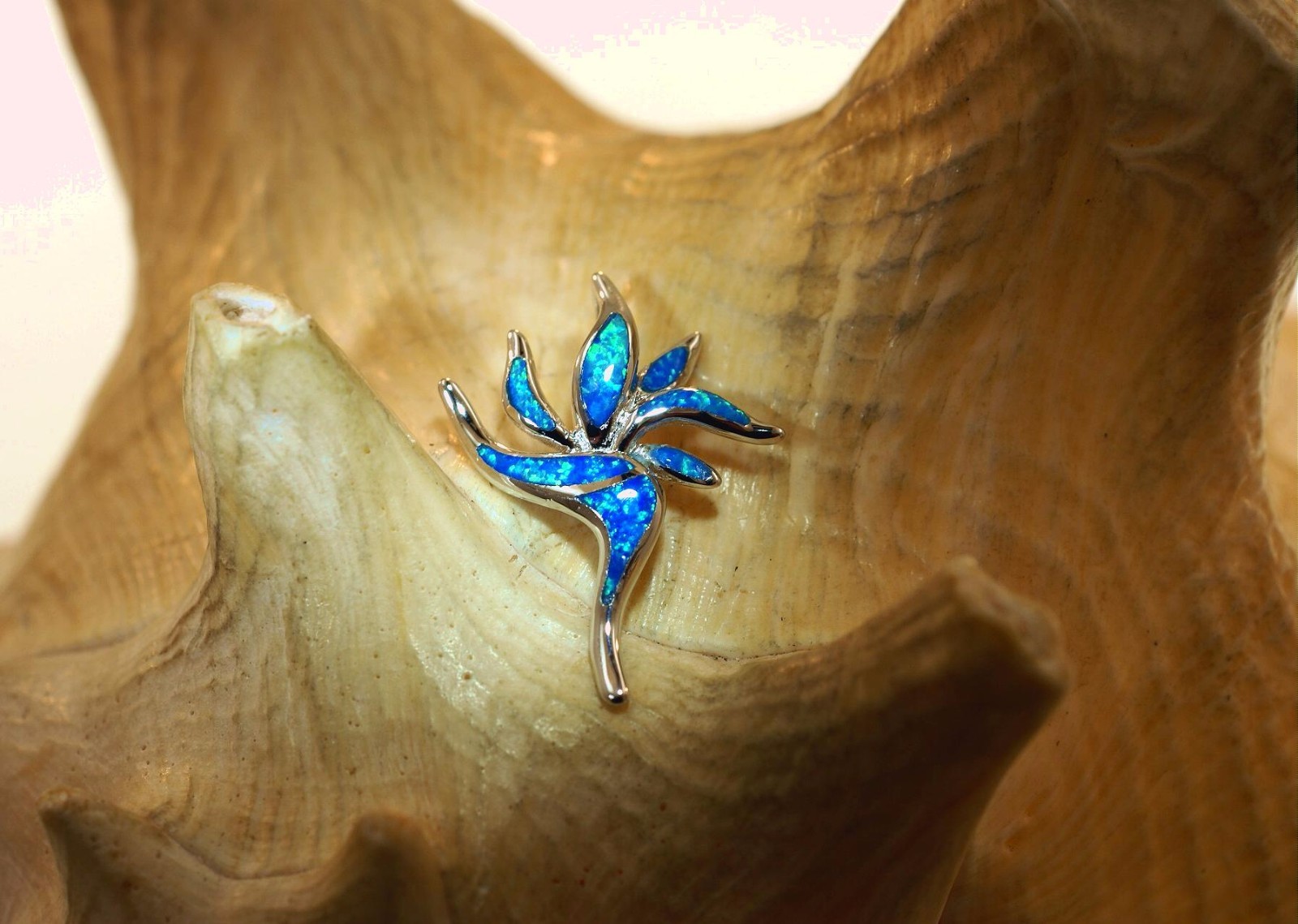 21mm Hawaiian Rhodium 925 Silver Inlaid Opal Bird of Paradise Flower Pendant #1