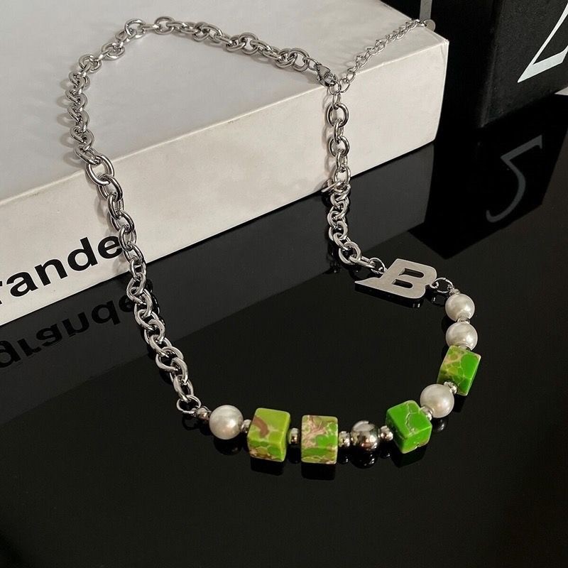Letter B Pendant Necklace Green zircon Mixed Stainless Adjustable Chain Choker