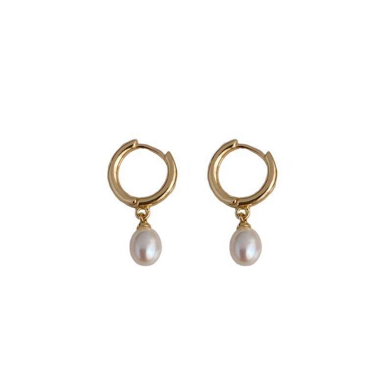 Gold Tone Dangle Drop Teardrop Pearl Small Huggie Hoop Earrings Gift AJ