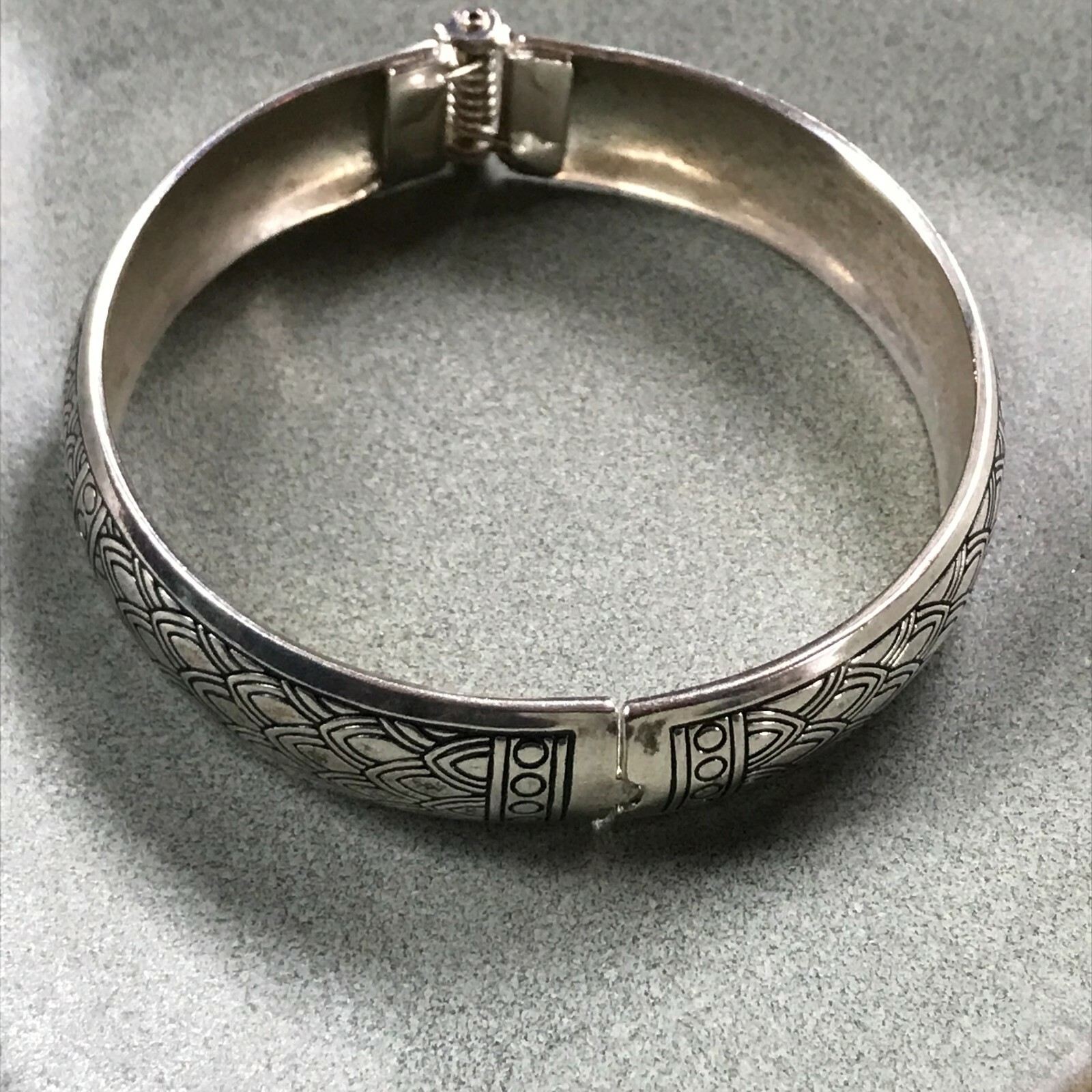 Estate Etched w Black Silvertone Hinged Bracelet – 2 and 3/8th’s inches in diame