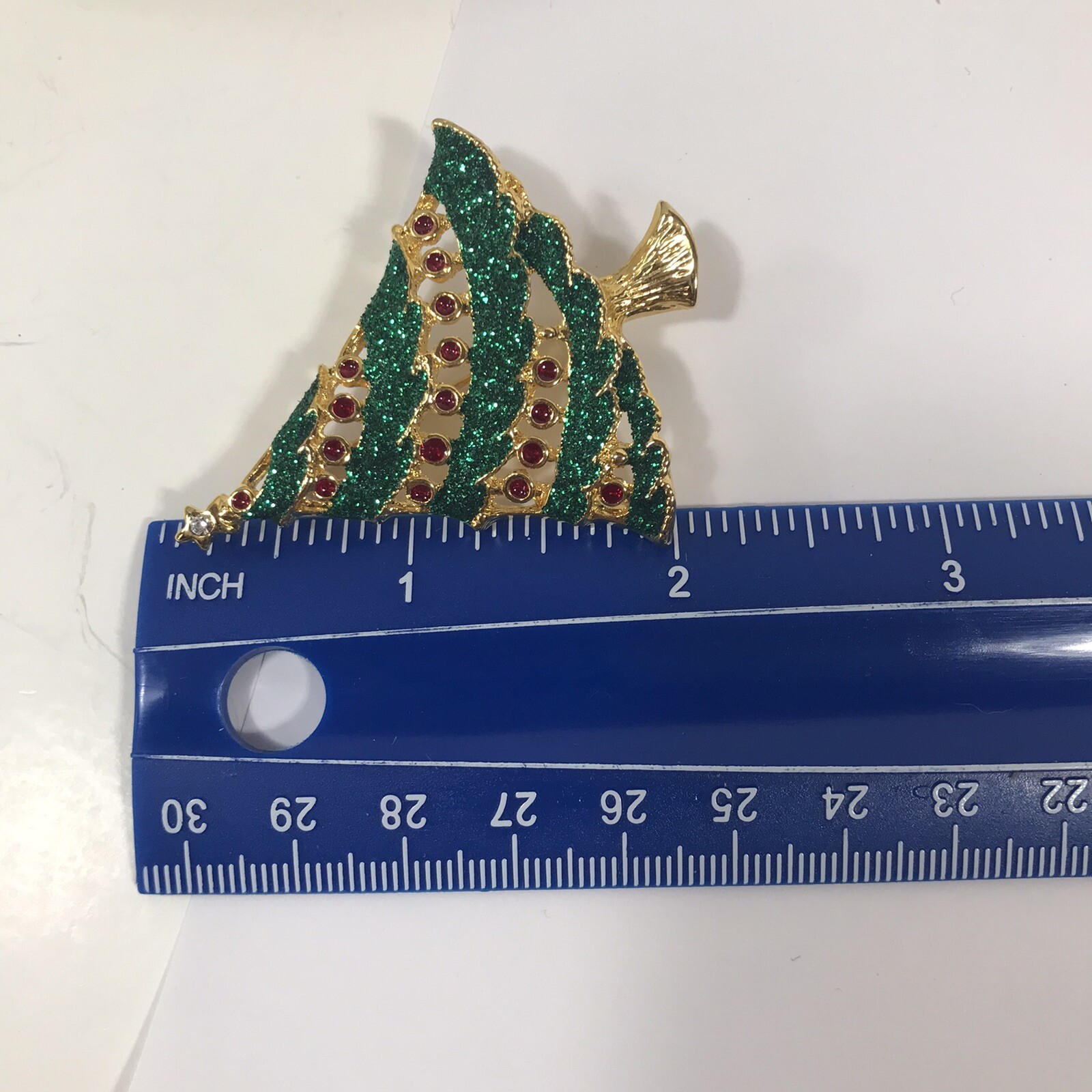 Christmas Tree Brooch Pin Gold Tone Green Sparkles Red Ornaments 2.25 Inches