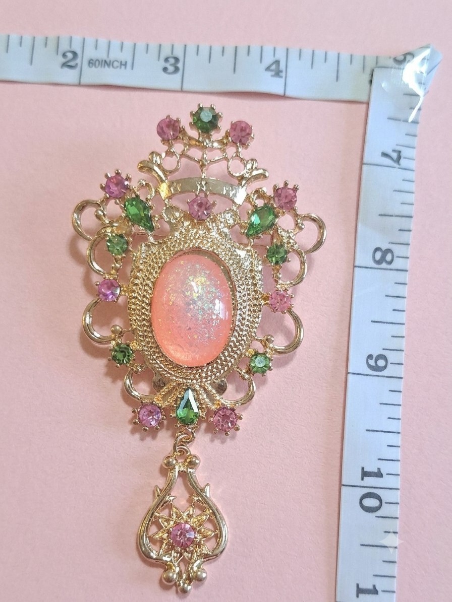 Gold Tone Oval Pink Opal Cabochon Dangle Brooch Pin w/ Green Rhinestones, 4 in