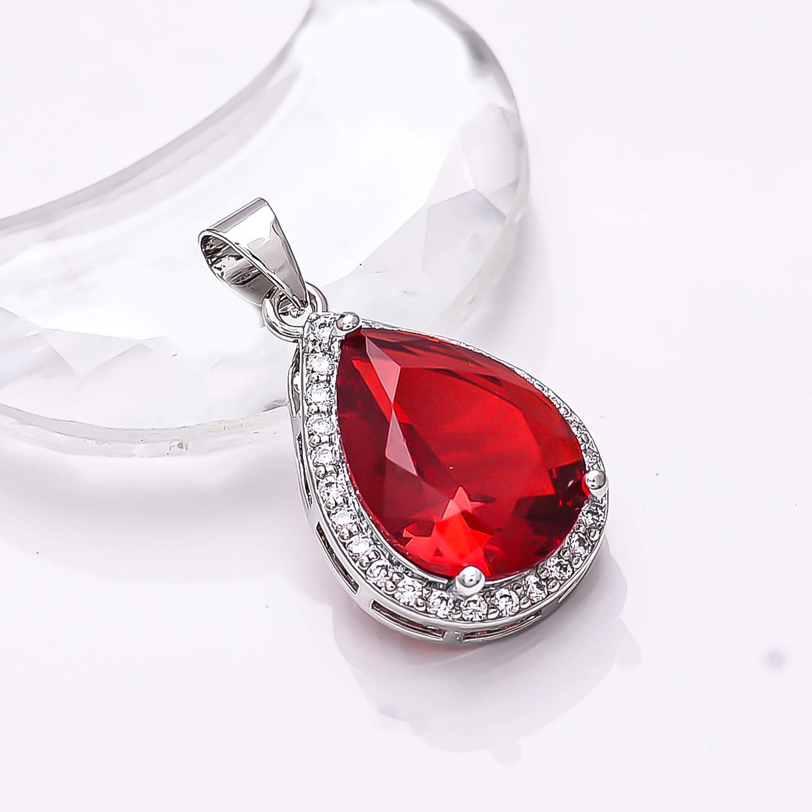 Red Garnet & Cubic Zirconia Gemstone 925 Sterling Silver Pendant 1.10″ P8014