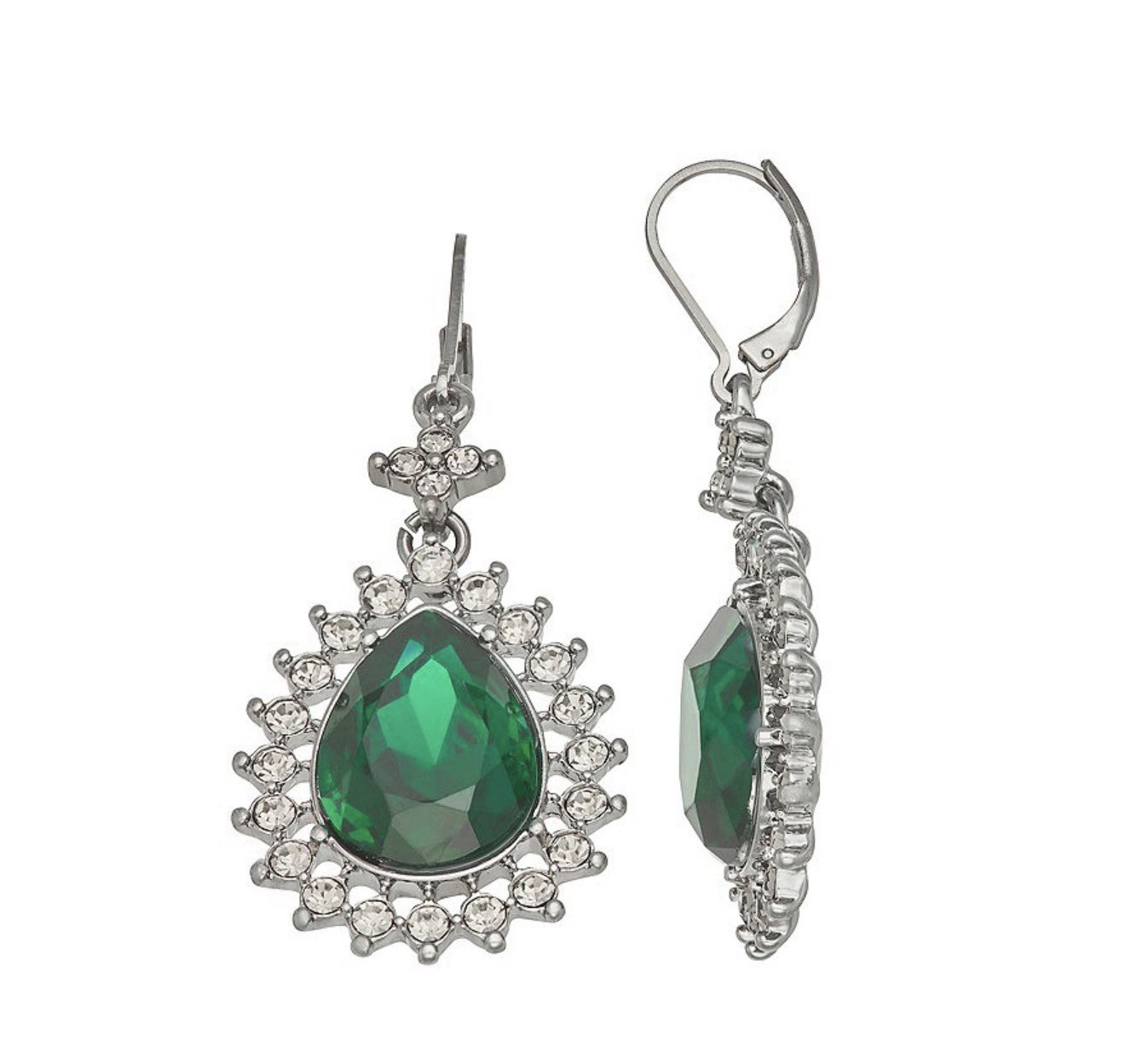 SIMPLY VERA VERA WANG SILVERTONE LEVERBACK LARGE GREEN RHINESTONE DROP EARRINGS