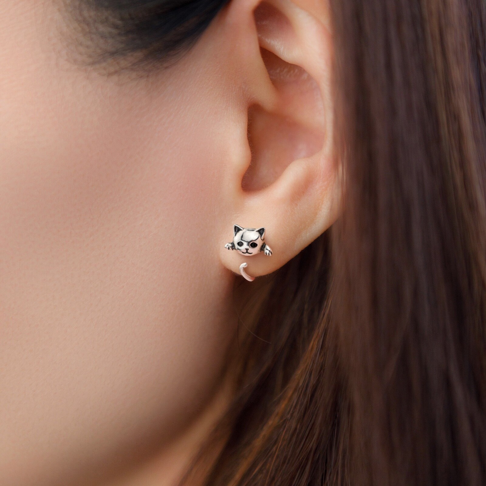 925 sterling silver hanging funny cat wrap earrings, funny cat animal earrings