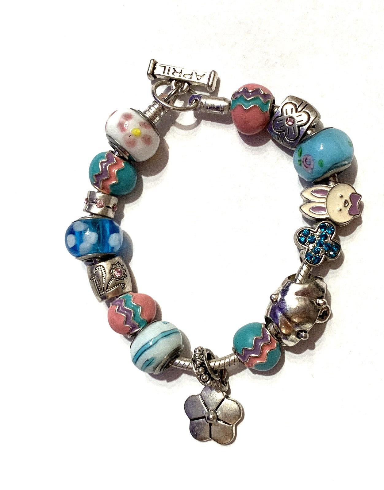 WILLABEE and WARD Charm Bracelet April Easter Danbury Silver 8″