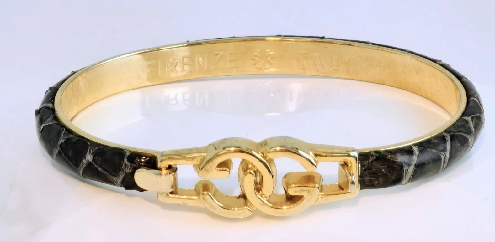 GUCCI SNAKESKIN BROWN GOLD-PLATED FIRENZE ITALY BANGLE BRACELET☆EC☆GUCCI LOGO